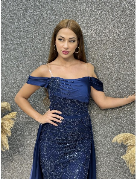 Madonna Yaka Pelerin Detaylı Boncuk İşlemeli Balık Abiye 