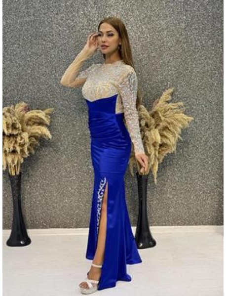 Uzun Kollu Taş Baskılı Yırtmaçlı Saten Abiye