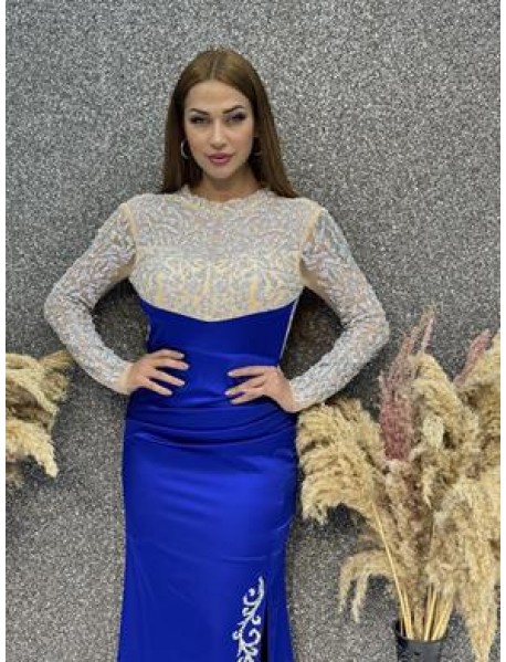 Uzun Kollu Taş Baskılı Yırtmaçlı Saten Abiye