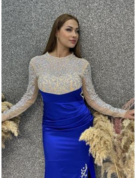 Uzun Kollu Taş Baskılı Yırtmaçlı Saten Abiye