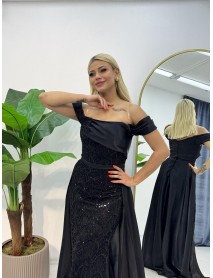 Madonna Yaka Pelerin Detaylı Boncuk İşlemeli Balık Abiye