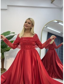 Uzun Kollu Saten Abiye