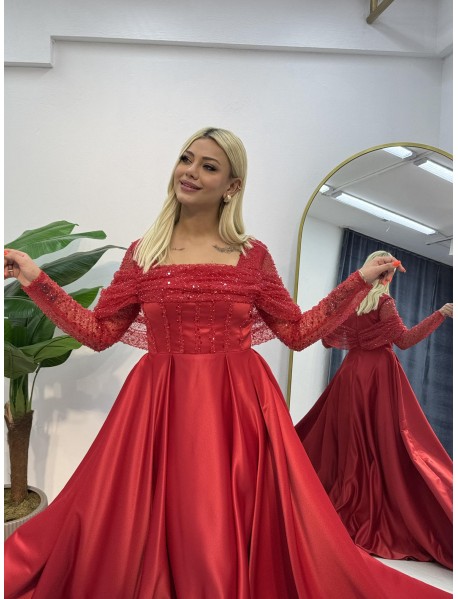 Uzun Kollu Saten Abiye