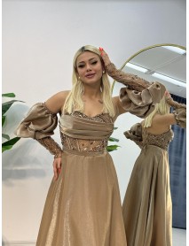 Askılı Seyyar Kol Boncuk İşlemeli Saten Abiye