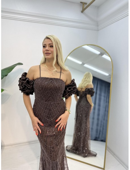 Straplez Seyyar Kol Detaylı Balık Abiye