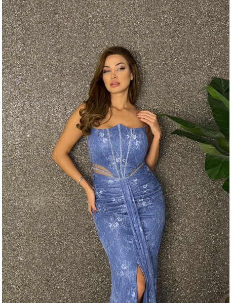 STRAPLEZ BONCUK ISLEMELI BALIK ELBISE 