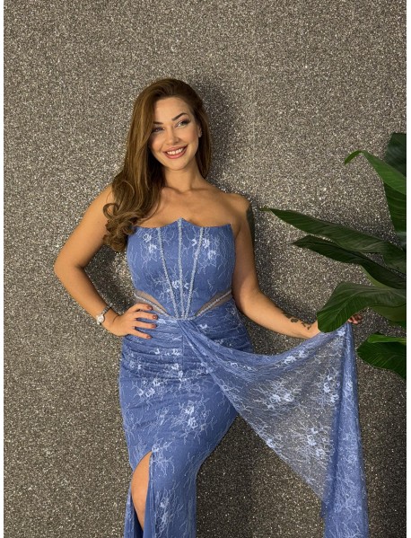 STRAPLEZ BONCUK ISLEMELI BALIK ELBISE 