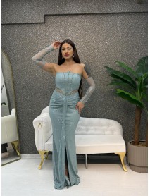 STRAPLEZ BONCUK ISLEMELI BALIK ELBISE 	