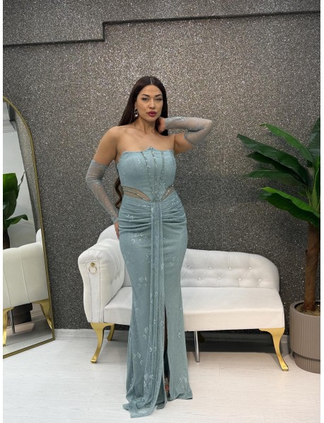 STRAPLEZ BONCUK ISLEMELI BALIK ELBISE 	