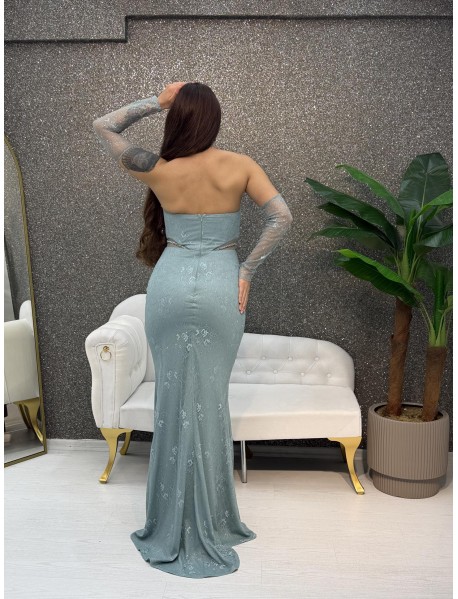 STRAPLEZ BONCUK ISLEMELI BALIK ELBISE 	