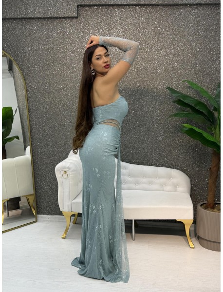 STRAPLEZ BONCUK ISLEMELI BALIK ELBISE 	