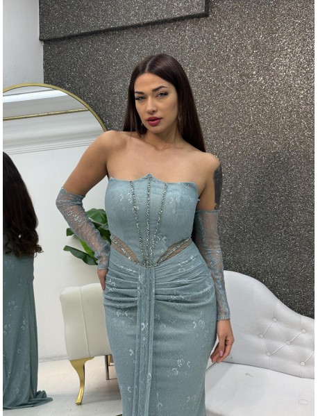 STRAPLEZ BONCUK ISLEMELI BALIK ELBISE 	