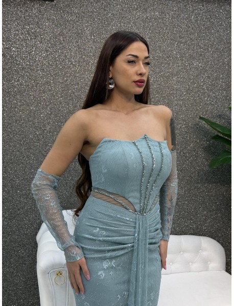 STRAPLEZ BONCUK ISLEMELI BALIK ELBISE 	