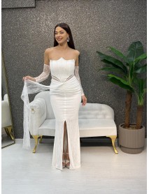 STRAPLEZ BONCUK ISLEMELI BALIK ELBISE