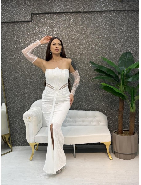 STRAPLEZ BONCUK ISLEMELI BALIK ELBISE