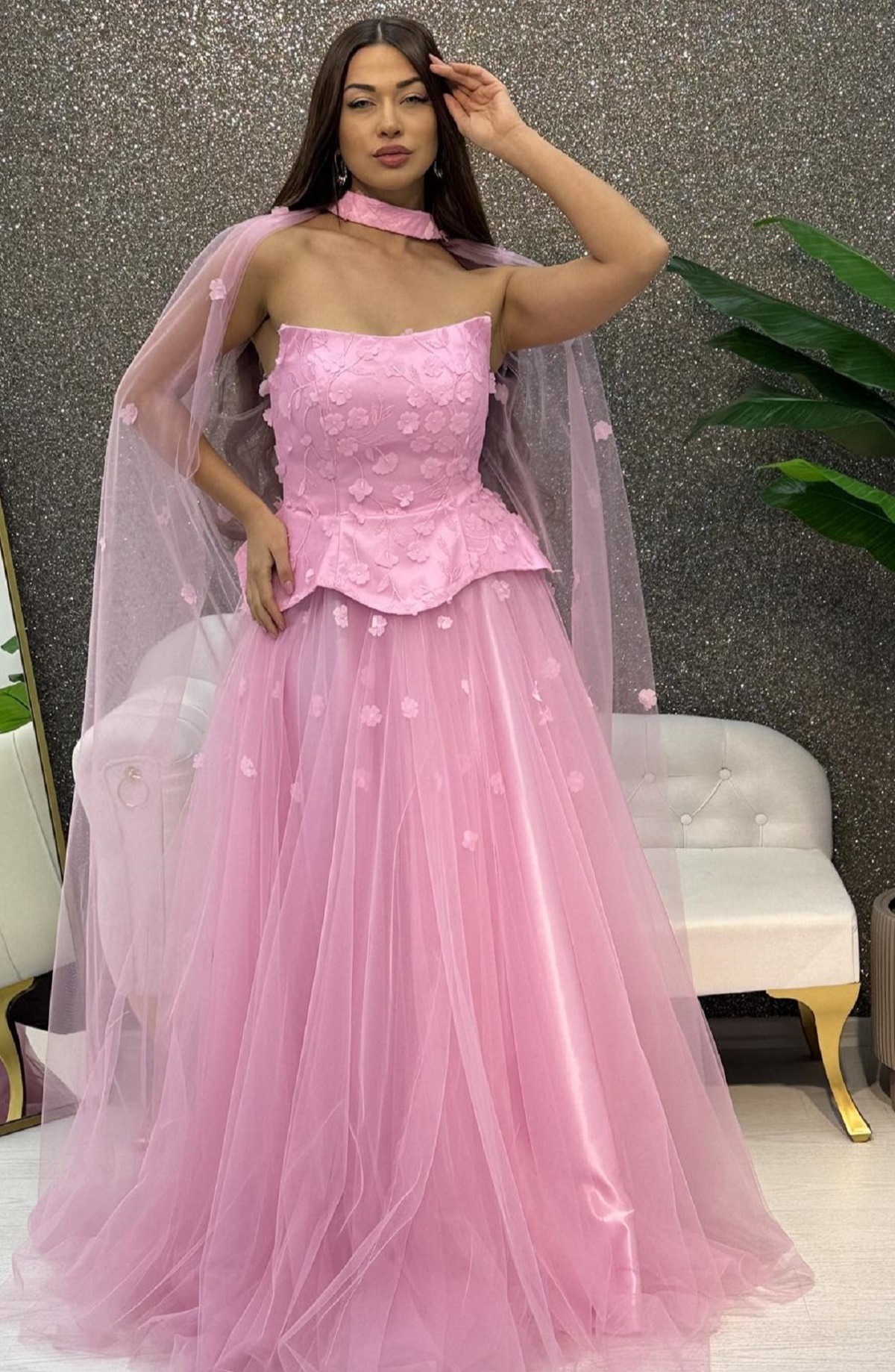 STRAPLEZ CICEK DESENLI PELERINLI PRESES ABIYE